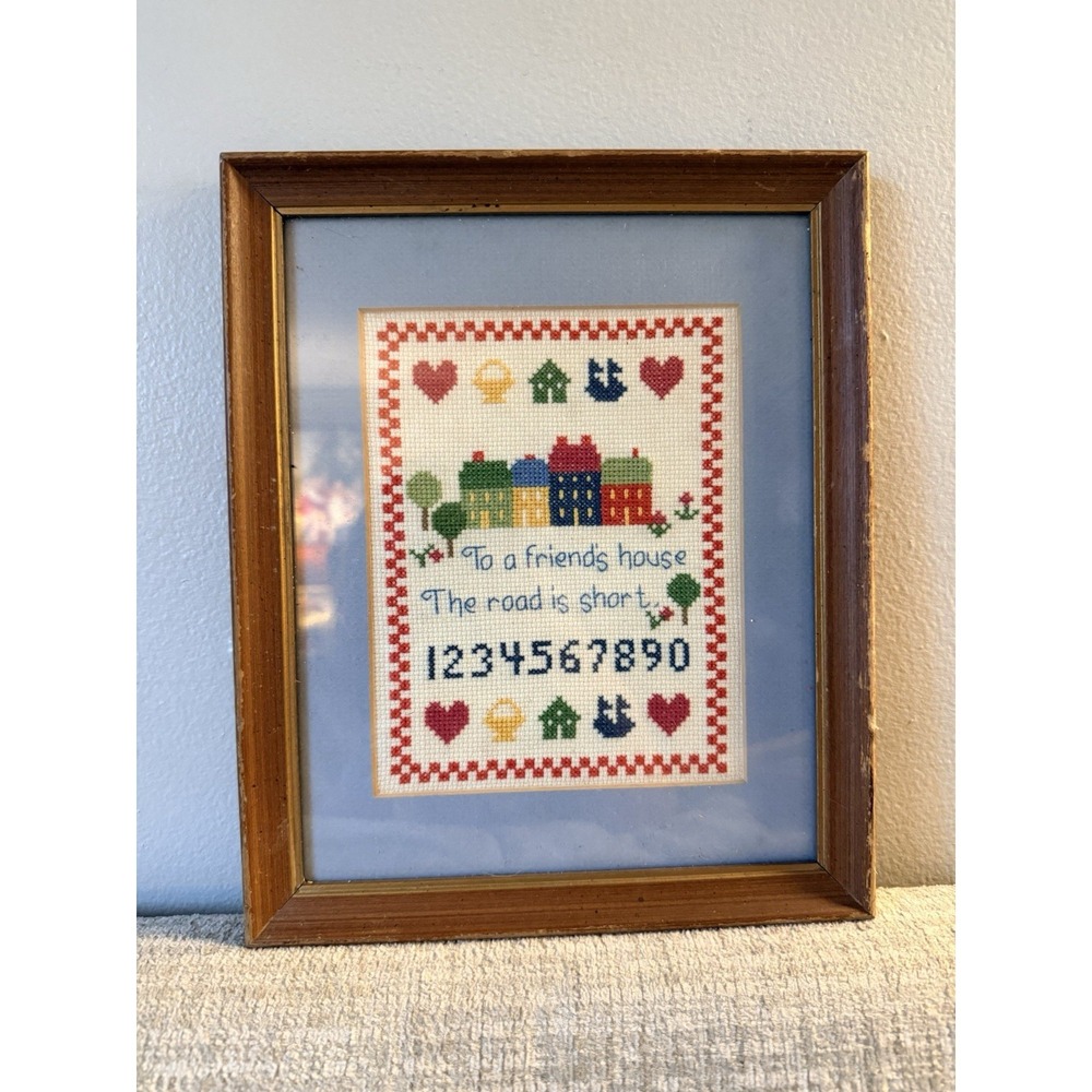 Vintage Wood Framed Needlepoint Wall Art Road to a Friend's House Alphabet
